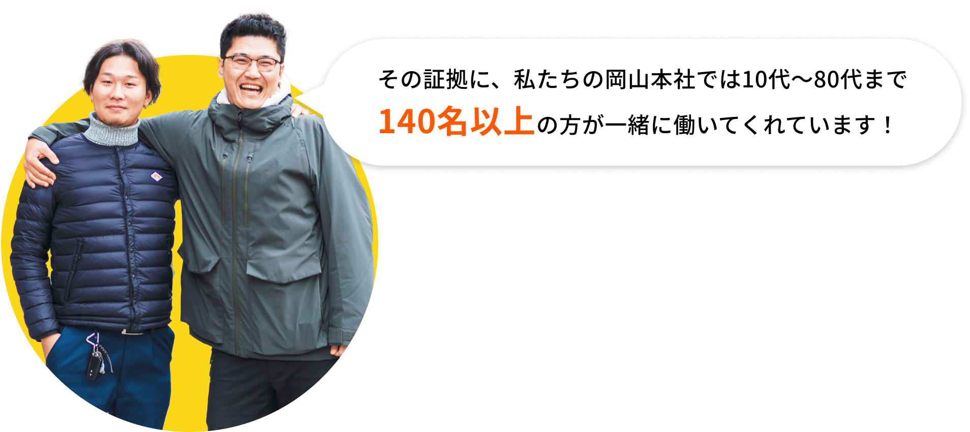 その証拠に、私たちの岡山本社では10代〜80代まで140名以上の方が一緒に働いてくれています!